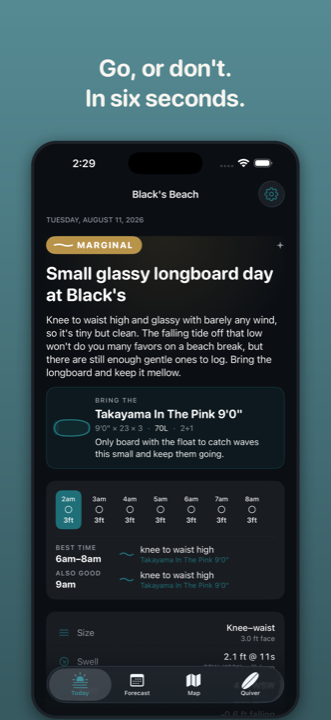 Boardcall app Today screen showing a plain-English surf briefing, a fire verdict badge, and the recommended board to bring