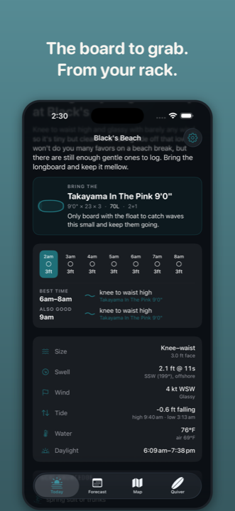 Board pick screen showing the recommended surfboard from the user's own quiver with the reason why