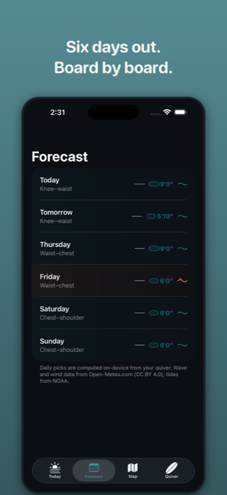 Six-day surf forecast with a different recommended board for each day