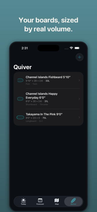 Quiver screen listing the user's own surfboards with real dimensions and volume