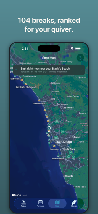 Worldwide map of 243 surf spots ranked by current conditions